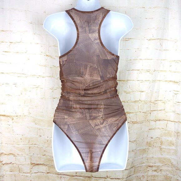Y2K Bodysuit Women M Brown Jean Pocket Trompe Loeil Mesh Sheer Ruched V-neck VTG - Picture 3 of 15